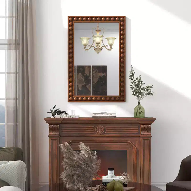 Costway Specchio da parete decorativo rustico 24 x 36 con cornice in legno massello con perline per soggiorno, marrone/bianco