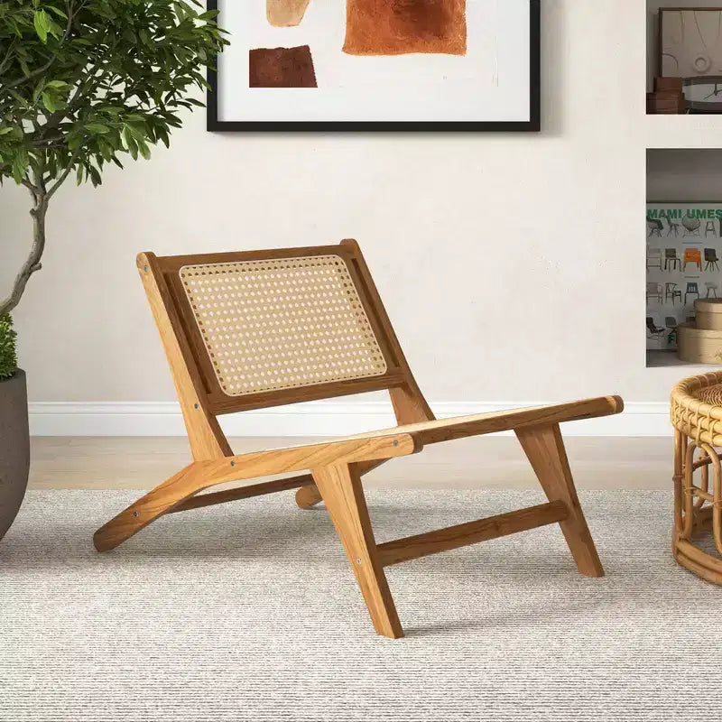 Costway 1/2 Pezzi Sedia in Teak in Stile Mid-Century Moderno con Seduta e Schienale in Rattan Intrecciato a Mano
