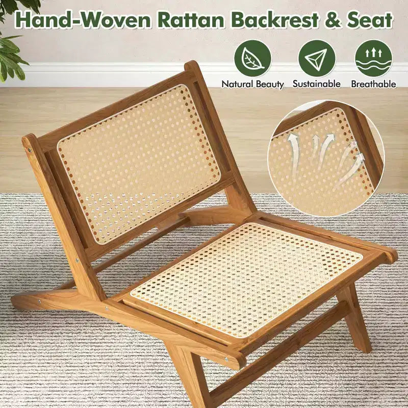 Costway 1/2 Pezzi Sedia in Teak in Stile Mid-Century Moderno con Seduta e Schienale in Rattan Intrecciato a Mano