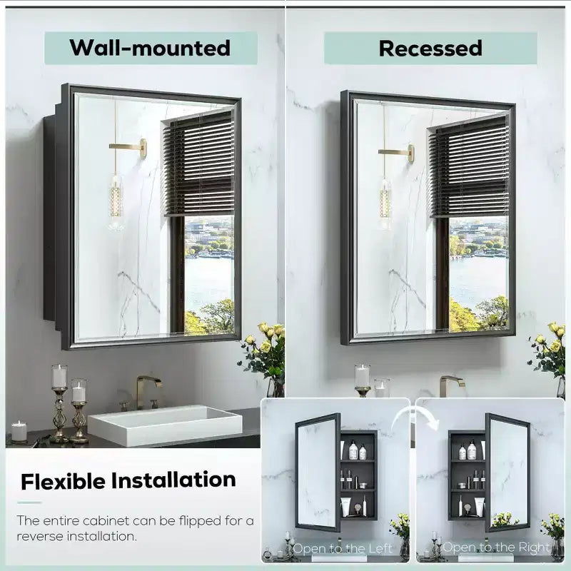 Pensile da bagno/armadietto dei medicinali Keonjinn da 21 pollici L x 27 pollici A, in metallo con specchio, rettangolare, da incasso/da superficie