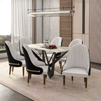 Sedia da pranzo schienale alto LeisureMod Elara Collection, rivestimento in pelle con design a increspature sullo schienale, struttura in legno di gomma e dettagli dorati per sala da pranzo