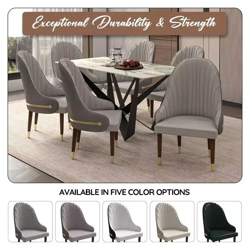 Sedia da pranzo schienale alto LeisureMod Elara Collection, rivestimento in pelle con design a increspature sullo schienale, struttura in legno di gomma e dettagli dorati per sala da pranzo