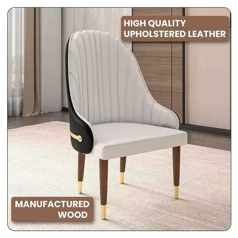 Sedia da pranzo schienale alto LeisureMod Elara Collection, rivestimento in pelle con design a increspature sullo schienale, struttura in legno di gomma e dettagli dorati per sala da pranzo