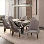 Sedia da pranzo schienale alto LeisureMod Elara Collection, rivestimento in pelle con design a increspature sullo schienale, struttura in legno di gomma e dettagli dorati per sala da pranzo