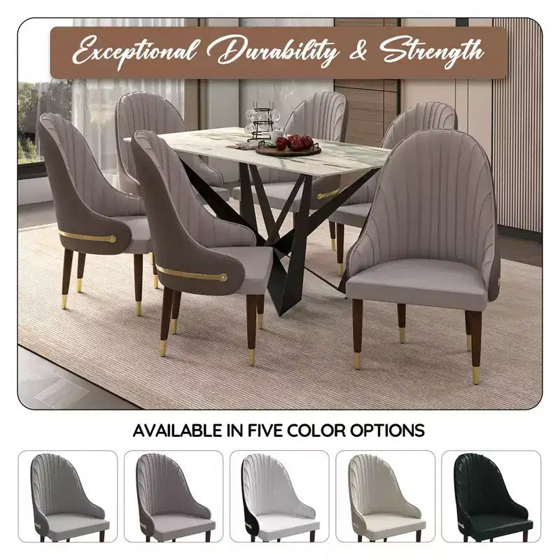 Sedia da pranzo schienale alto LeisureMod Elara Collection, rivestimento in pelle con design a increspature sullo schienale, struttura in legno di gomma e dettagli dorati per sala da pranzo