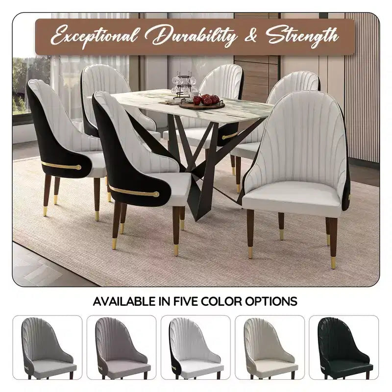 Sedia da pranzo schienale alto LeisureMod Elara Collection, rivestimento in pelle con design a increspature sullo schienale, struttura in legno di gomma e dettagli dorati per sala da pranzo
