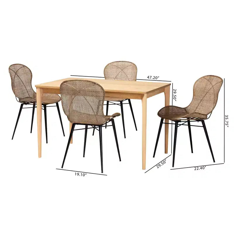 Set da pranzo Baxton Studio Sabelle Japandi in legno e rattan, 5 pezzi