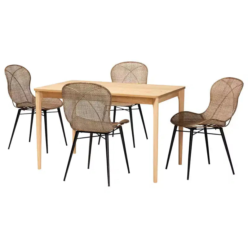 Set da pranzo Baxton Studio Sabelle Japandi in legno e rattan, 5 pezzi