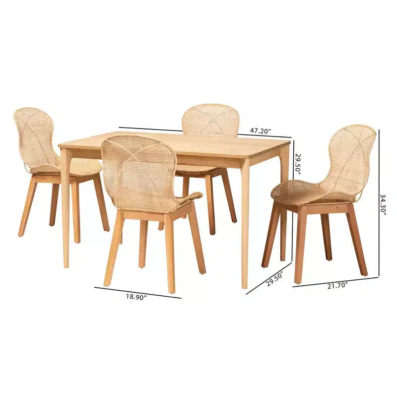 Set da pranzo Baxton Studio Sabelle Japandi in legno e rattan, 5 pezzi
