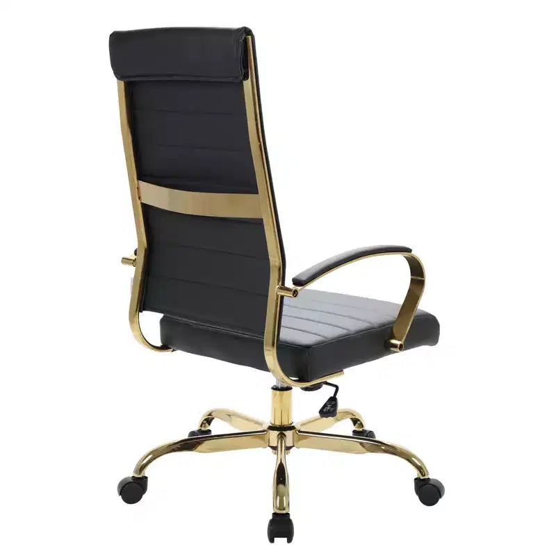 LeisureMod Benmar Sedia da Ufficio con Schienale Alto in Pelle a Coste - Moderna Sedia da Scrivania Direzionale Girevole e Inclinabile - Base Oro