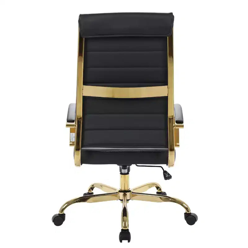 LeisureMod Benmar Sedia da Ufficio con Schienale Alto in Pelle a Coste - Moderna Sedia da Scrivania Direzionale Girevole e Inclinabile - Base Oro