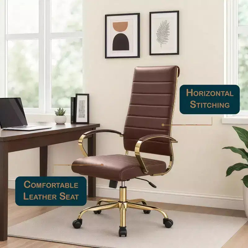 LeisureMod Benmar Sedia da Ufficio con Schienale Alto in Pelle a Coste - Moderna Sedia da Scrivania Direzionale Girevole e Inclinabile - Base Oro