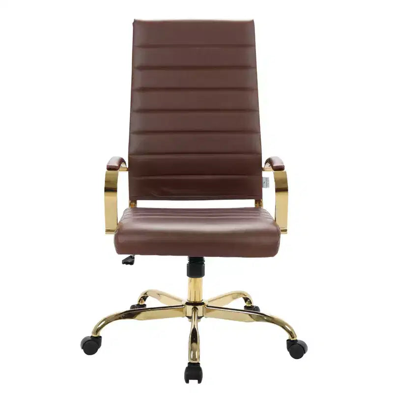 LeisureMod Benmar Sedia da Ufficio con Schienale Alto in Pelle a Coste - Moderna Sedia da Scrivania Direzionale Girevole e Inclinabile - Base Oro