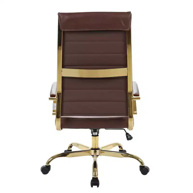 LeisureMod Benmar Sedia da Ufficio con Schienale Alto in Pelle a Coste - Moderna Sedia da Scrivania Direzionale Girevole e Inclinabile - Base Oro
