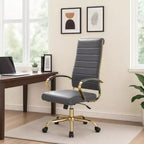 LeisureMod Benmar Sedia da Ufficio con Schienale Alto in Pelle a Coste - Moderna Sedia da Scrivania Direzionale Girevole e Inclinabile - Base Oro