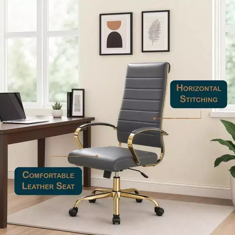 LeisureMod Benmar Sedia da Ufficio con Schienale Alto in Pelle a Coste - Moderna Sedia da Scrivania Direzionale Girevole e Inclinabile - Base Oro
