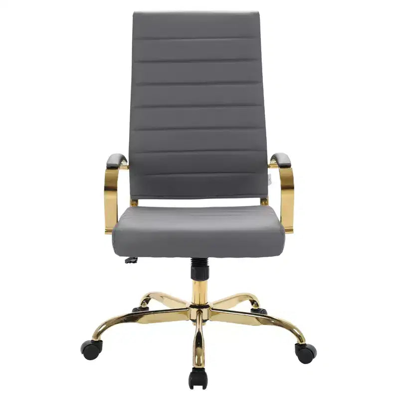 LeisureMod Benmar Sedia da Ufficio con Schienale Alto in Pelle a Coste - Moderna Sedia da Scrivania Direzionale Girevole e Inclinabile - Base Oro
