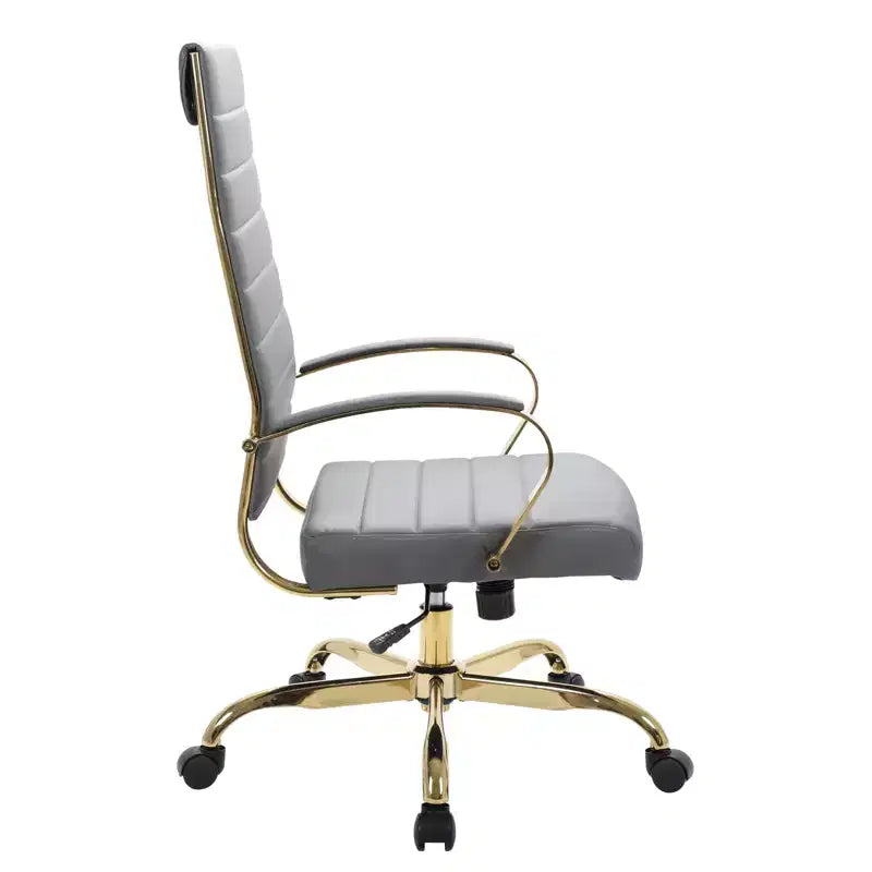 LeisureMod Benmar Sedia da Ufficio con Schienale Alto in Pelle a Coste - Moderna Sedia da Scrivania Direzionale Girevole e Inclinabile - Base Oro