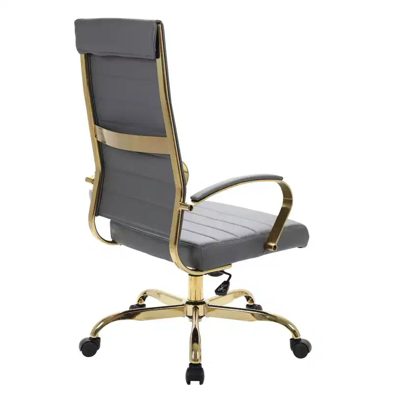 LeisureMod Benmar Sedia da Ufficio con Schienale Alto in Pelle a Coste - Moderna Sedia da Scrivania Direzionale Girevole e Inclinabile - Base Oro