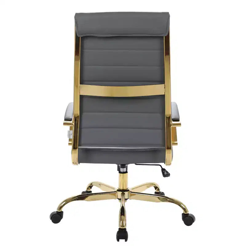 LeisureMod Benmar Sedia da Ufficio con Schienale Alto in Pelle a Coste - Moderna Sedia da Scrivania Direzionale Girevole e Inclinabile - Base Oro