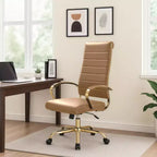 LeisureMod Benmar Sedia da Ufficio con Schienale Alto in Pelle a Coste - Moderna Sedia da Scrivania Direzionale Girevole e Inclinabile - Base Oro