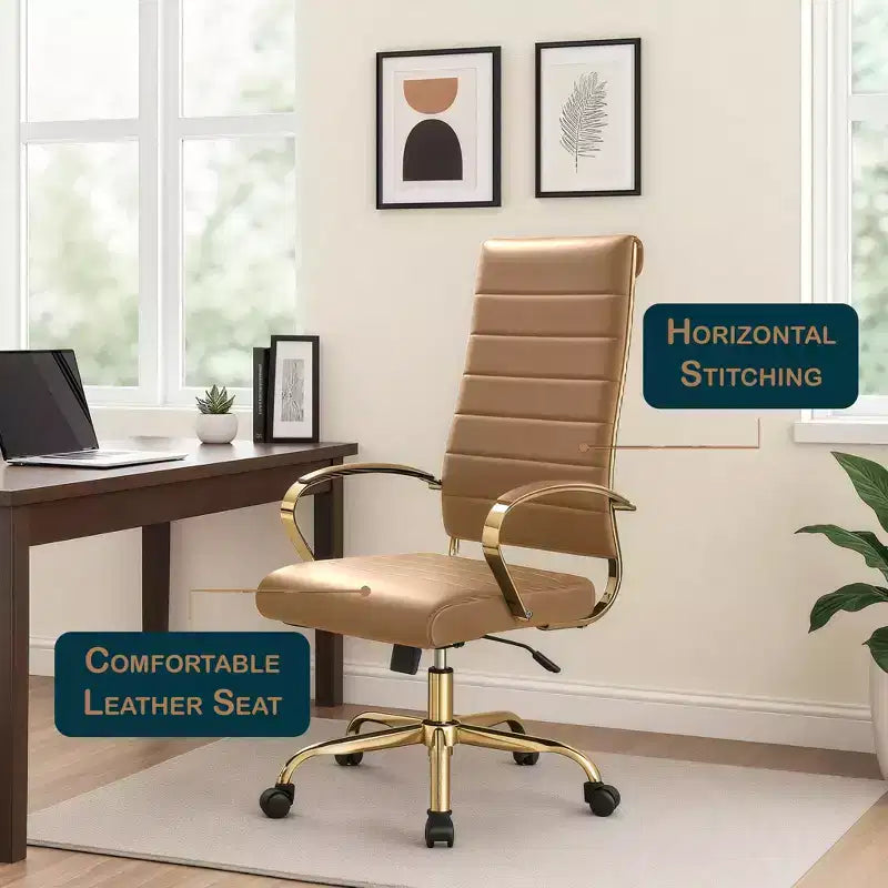 LeisureMod Benmar Sedia da Ufficio con Schienale Alto in Pelle a Coste - Moderna Sedia da Scrivania Direzionale Girevole e Inclinabile - Base Oro