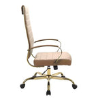 LeisureMod Benmar Sedia da Ufficio con Schienale Alto in Pelle a Coste - Moderna Sedia da Scrivania Direzionale Girevole e Inclinabile - Base Oro