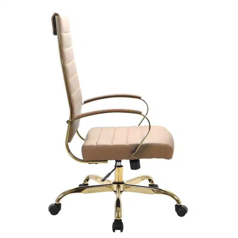 LeisureMod Benmar Sedia da Ufficio con Schienale Alto in Pelle a Coste - Moderna Sedia da Scrivania Direzionale Girevole e Inclinabile - Base Oro