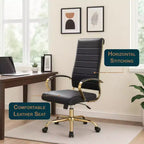 LeisureMod Benmar Sedia da Ufficio con Schienale Alto in Pelle a Coste - Moderna Sedia da Scrivania Direzionale Girevole e Inclinabile - Base Oro