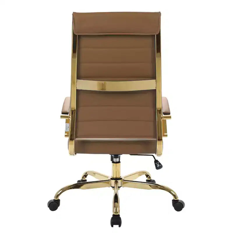 LeisureMod Benmar Sedia da Ufficio con Schienale Alto in Pelle a Coste - Moderna Sedia da Scrivania Direzionale Girevole e Inclinabile - Base Oro