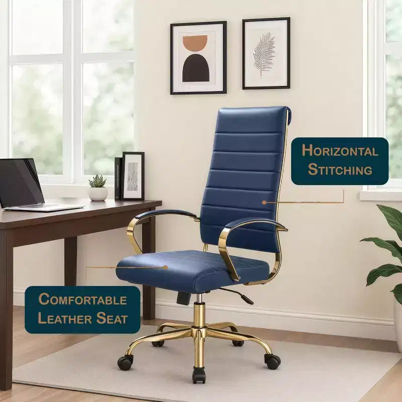 LeisureMod Benmar Sedia da Ufficio con Schienale Alto in Pelle a Coste - Moderna Sedia da Scrivania Direzionale Girevole e Inclinabile - Base Oro