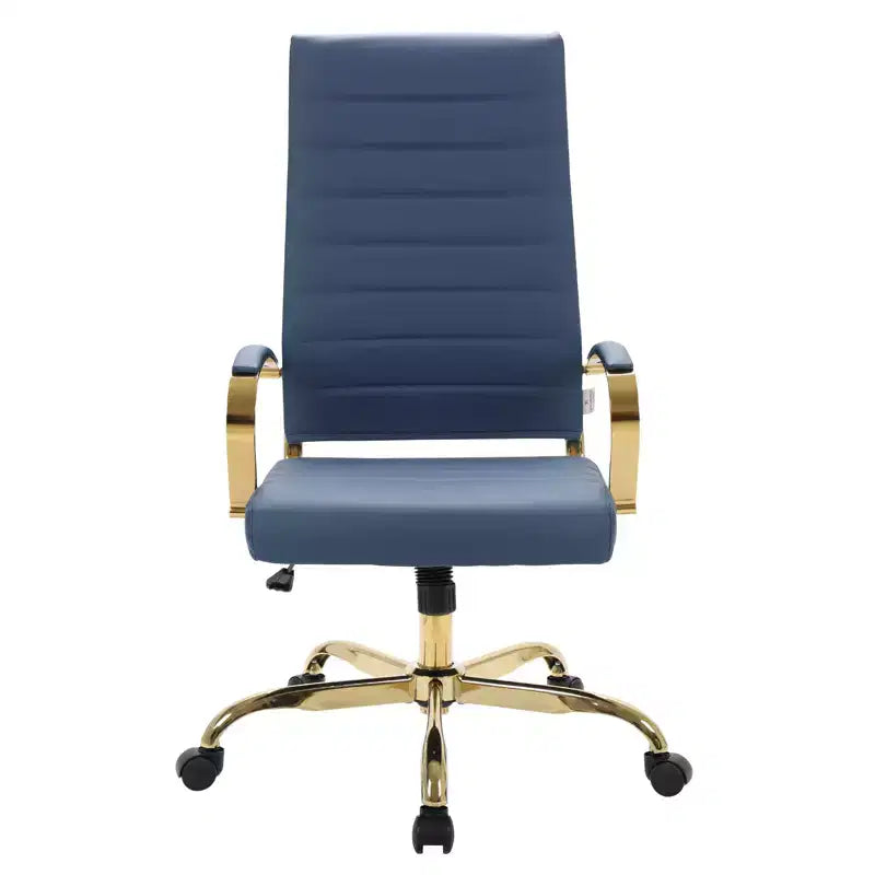 LeisureMod Benmar Sedia da Ufficio con Schienale Alto in Pelle a Coste - Moderna Sedia da Scrivania Direzionale Girevole e Inclinabile - Base Oro
