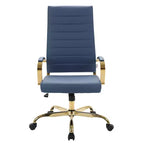 LeisureMod Benmar Sedia da Ufficio con Schienale Alto in Pelle a Coste - Moderna Sedia da Scrivania Direzionale Girevole e Inclinabile - Base Oro