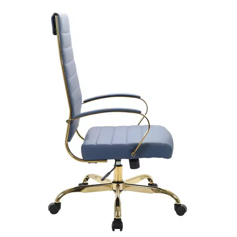 LeisureMod Benmar Sedia da Ufficio con Schienale Alto in Pelle a Coste - Moderna Sedia da Scrivania Direzionale Girevole e Inclinabile - Base Oro