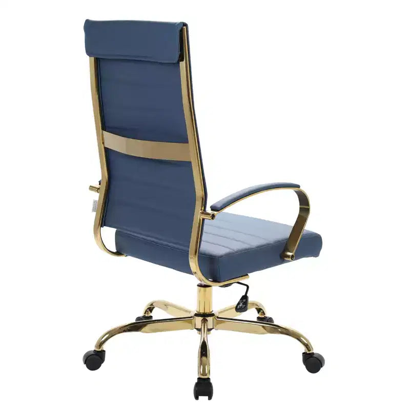 LeisureMod Benmar Sedia da Ufficio con Schienale Alto in Pelle a Coste - Moderna Sedia da Scrivania Direzionale Girevole e Inclinabile - Base Oro