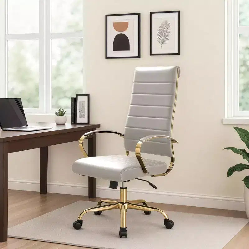 LeisureMod Benmar Sedia da Ufficio con Schienale Alto in Pelle a Coste - Moderna Sedia da Scrivania Direzionale Girevole e Inclinabile - Base Oro