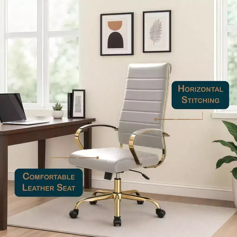 LeisureMod Benmar Sedia da Ufficio con Schienale Alto in Pelle a Coste - Moderna Sedia da Scrivania Direzionale Girevole e Inclinabile - Base Oro