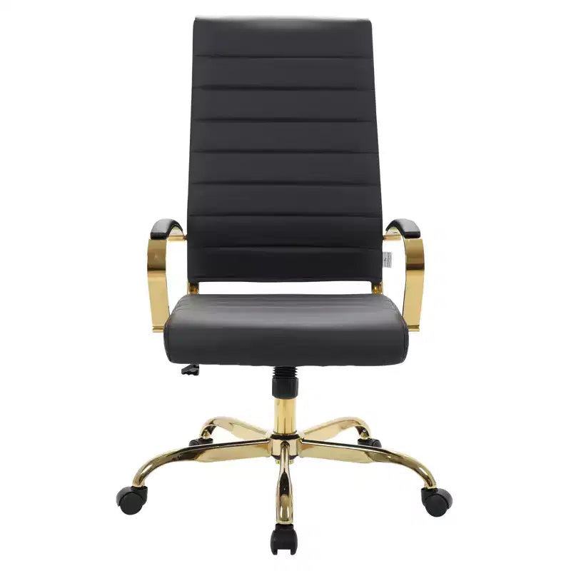 LeisureMod Benmar Sedia da Ufficio con Schienale Alto in Pelle a Coste - Moderna Sedia da Scrivania Direzionale Girevole e Inclinabile - Base Oro