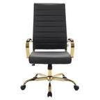 LeisureMod Benmar Sedia da Ufficio con Schienale Alto in Pelle a Coste - Moderna Sedia da Scrivania Direzionale Girevole e Inclinabile - Base Oro
