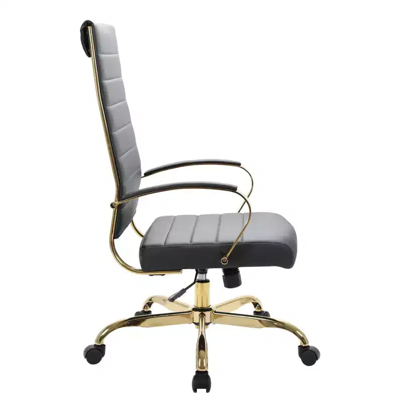 LeisureMod Benmar Sedia da Ufficio con Schienale Alto in Pelle a Coste - Moderna Sedia da Scrivania Direzionale Girevole e Inclinabile - Base Oro