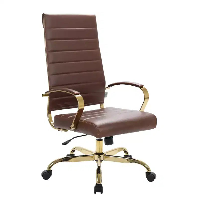 LeisureMod Benmar Sedia da Ufficio con Schienale Alto in Pelle a Coste - Moderna Sedia da Scrivania Direzionale Girevole e Inclinabile - Base Oro
