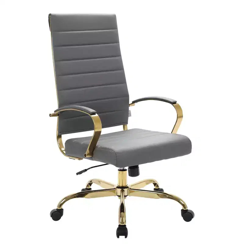 LeisureMod Benmar Sedia da Ufficio con Schienale Alto in Pelle a Coste - Moderna Sedia da Scrivania Direzionale Girevole e Inclinabile - Base Oro