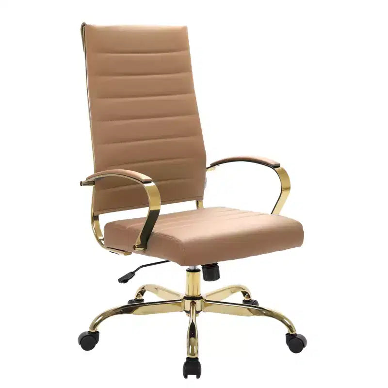 LeisureMod Benmar Sedia da Ufficio con Schienale Alto in Pelle a Coste - Moderna Sedia da Scrivania Direzionale Girevole e Inclinabile - Base Oro