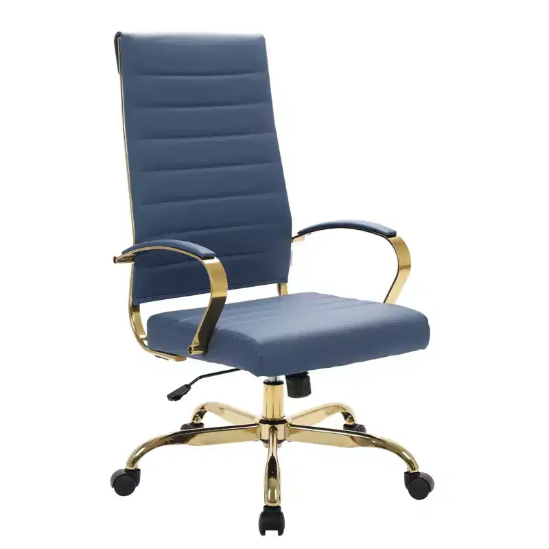 LeisureMod Benmar Sedia da Ufficio con Schienale Alto in Pelle a Coste - Moderna Sedia da Scrivania Direzionale Girevole e Inclinabile - Base Oro