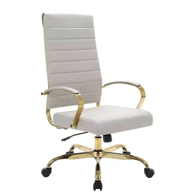 LeisureMod Benmar Sedia da Ufficio con Schienale Alto in Pelle a Coste - Moderna Sedia da Scrivania Direzionale Girevole e Inclinabile - Base Oro