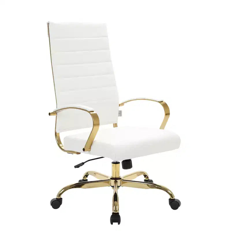 LeisureMod Benmar Sedia da Ufficio con Schienale Alto in Pelle a Coste - Moderna Sedia da Scrivania Direzionale Girevole e Inclinabile - Base Oro