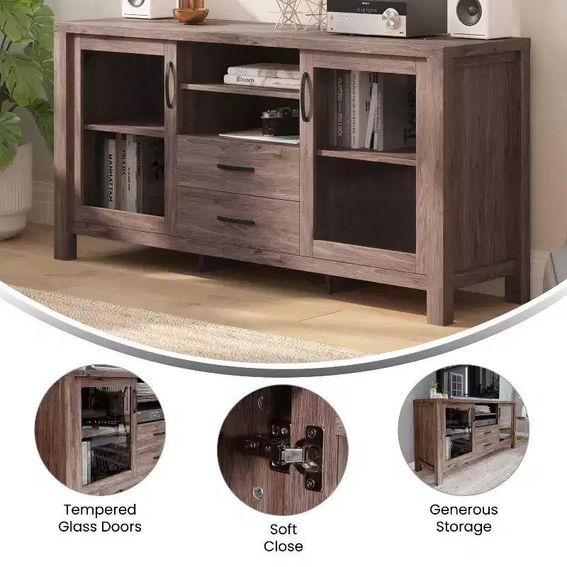 Mobile buffet a due cassetti in legno ingegnerizzato Merrick Lane con ripiano aperto, due ante in vetro temperato per sala da pranzo/cucina