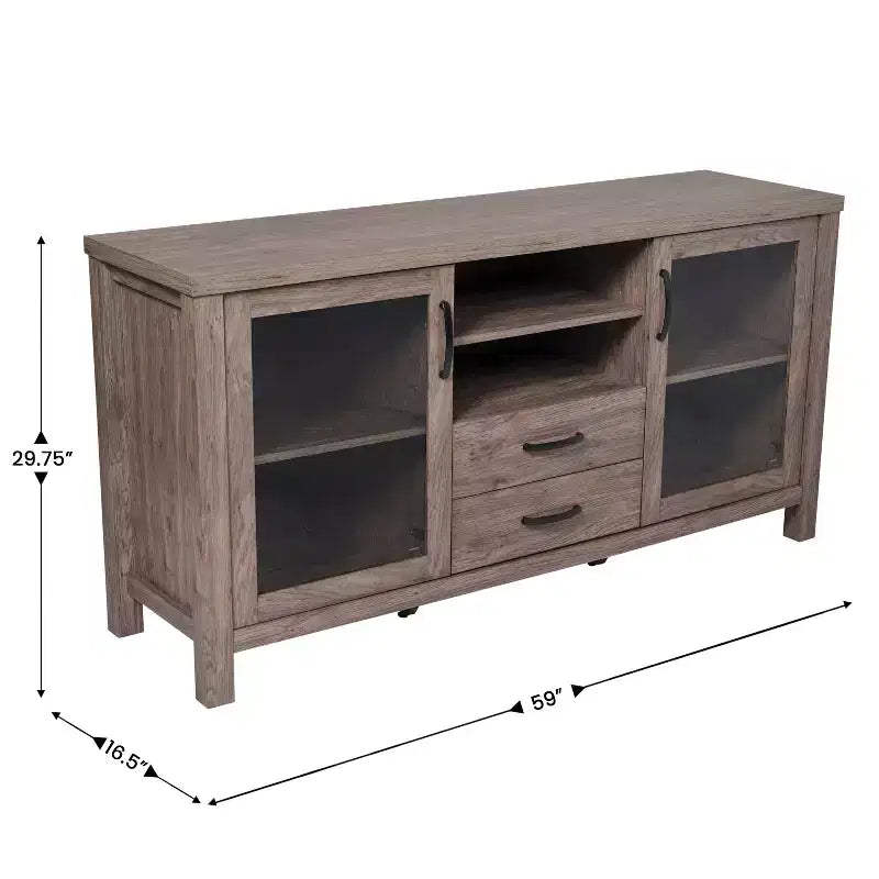 Mobile buffet a due cassetti in legno ingegnerizzato Merrick Lane con ripiano aperto, due ante in vetro temperato per sala da pranzo/cucina