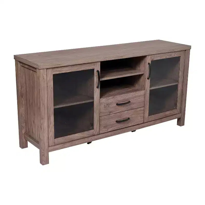 Mobile buffet a due cassetti in legno ingegnerizzato Merrick Lane con ripiano aperto, due ante in vetro temperato per sala da pranzo/cucina
