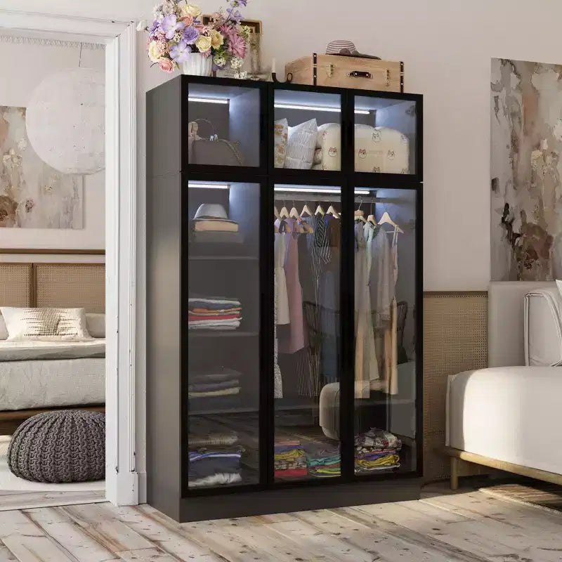 Famapy Vetrinetta Armadio Illuminazione a LED Ante in Vetro Guardaroba Nero